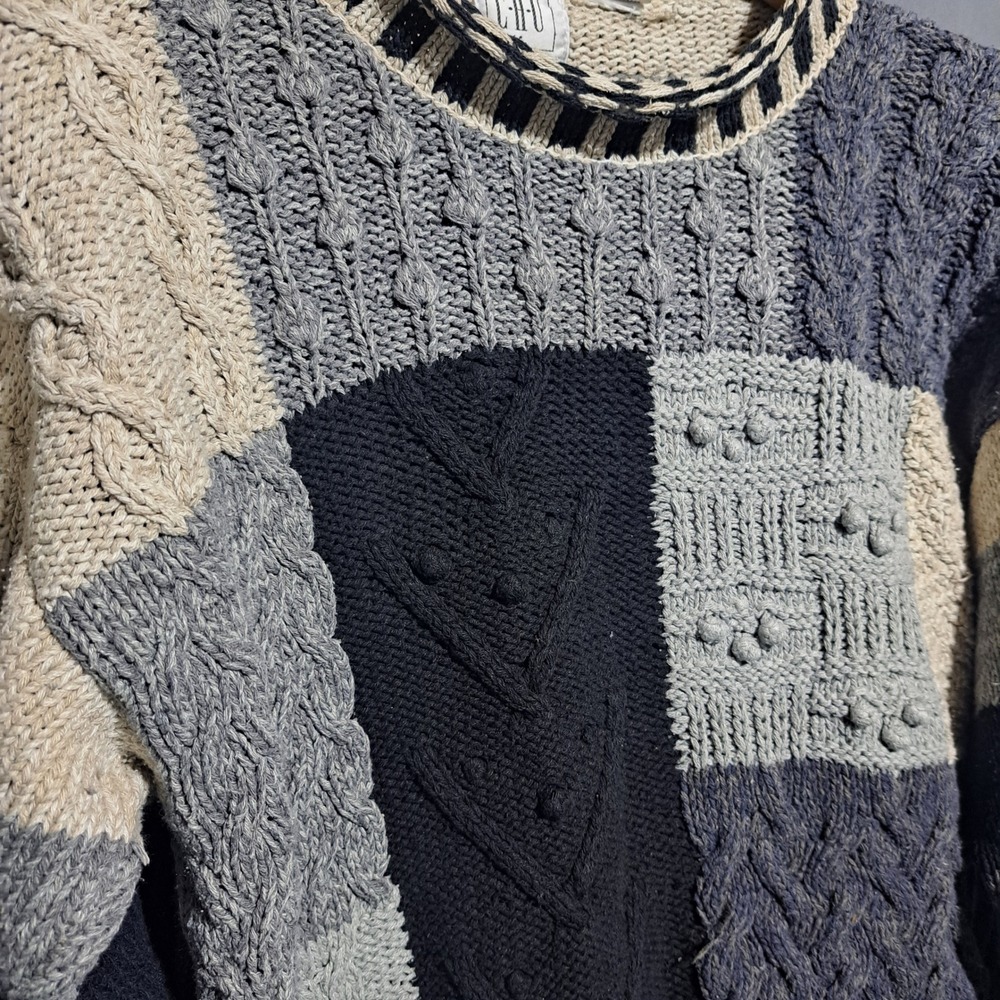 CHU Women's LARGE Gray Patchwork Crewneck Pullover Sweater Silk Cotton - Picture 4 of 8